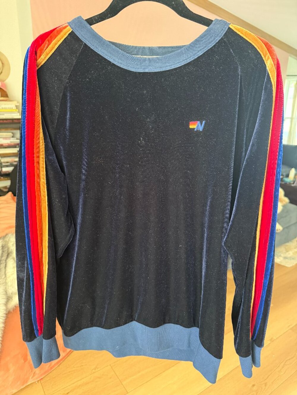 Aviator Nation Dark Navy Velvet 5 Stripe Crewneck Sweatshirt XL Velour